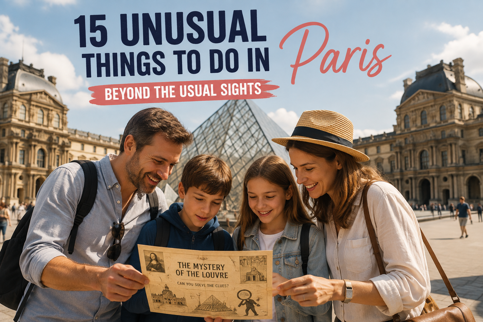 Family discovering unusual things to do in Paris near the Louvre